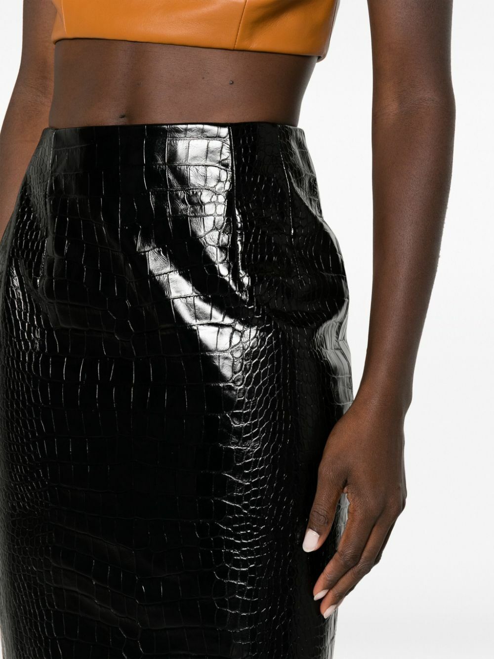 VERSACE - Leather Crocodile Print Midi Pencil Skirt Versace