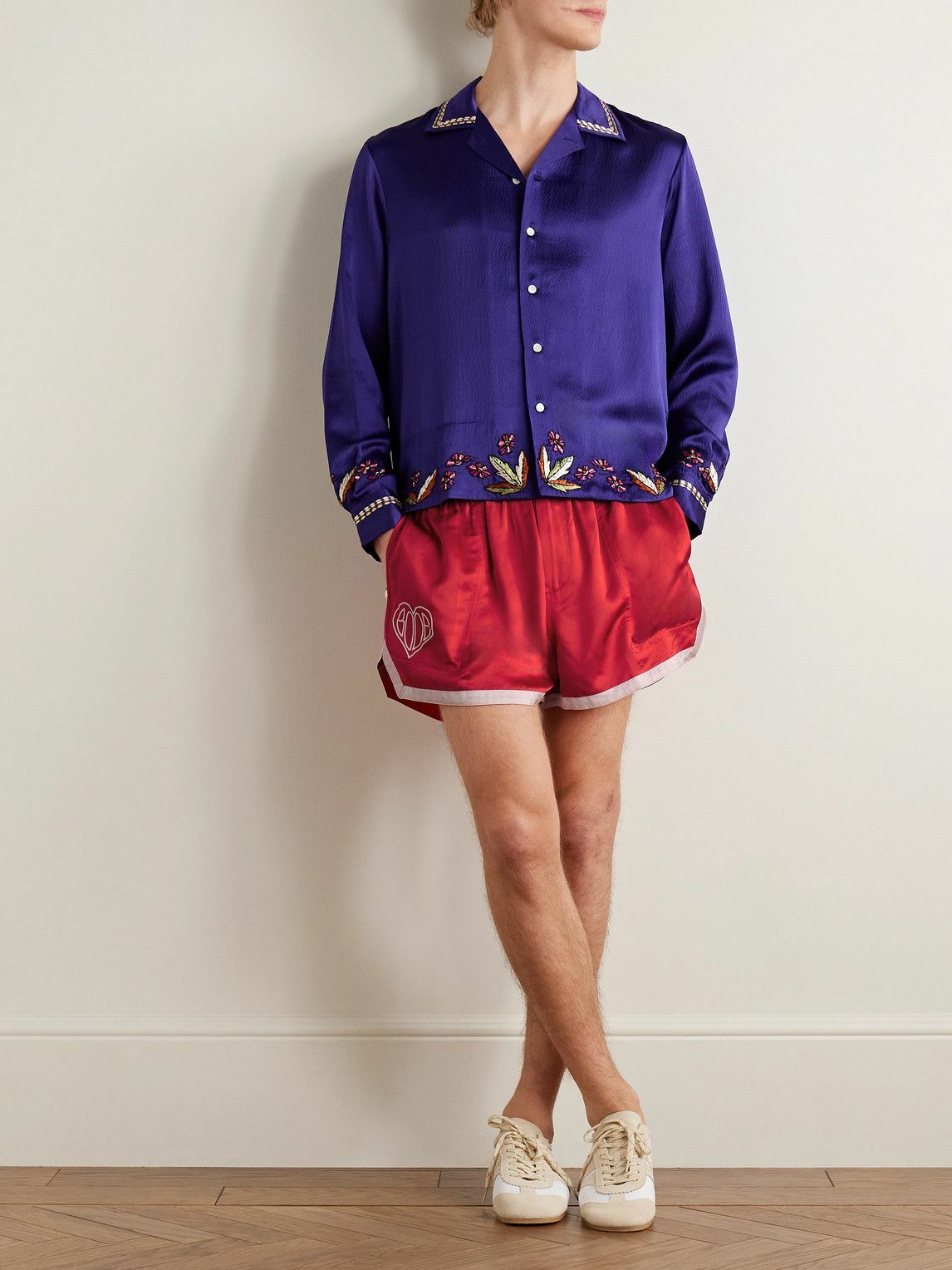 BODE - Wide-Leg Logo-Embroidered Two-Tone Satin Shorts - Red