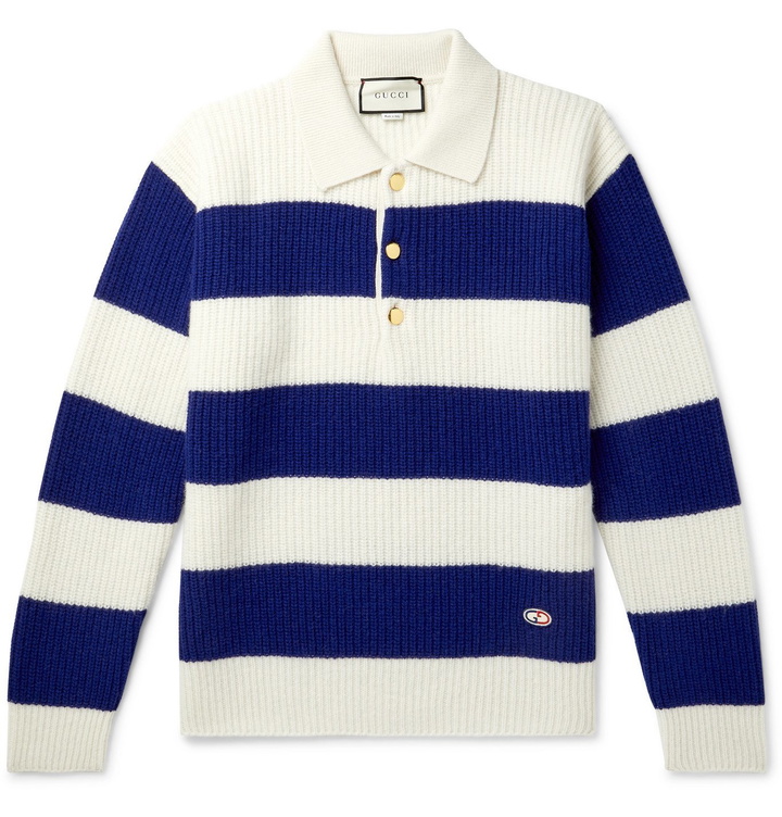 Photo: Gucci - Logo-Appliquéd Striped Wool Sweater - Blue