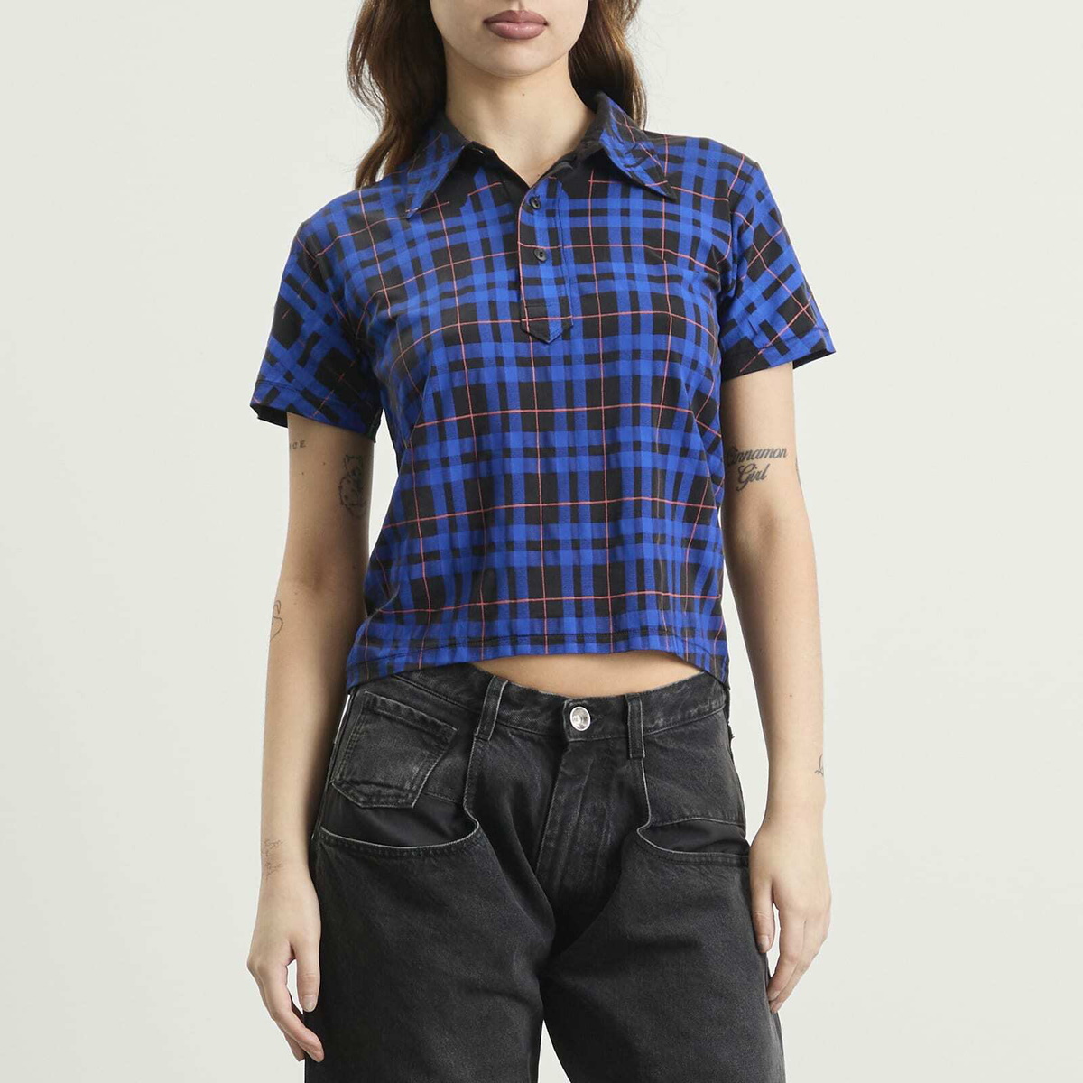 Maison Margiela Women's Check Polo Top in Blue/Black