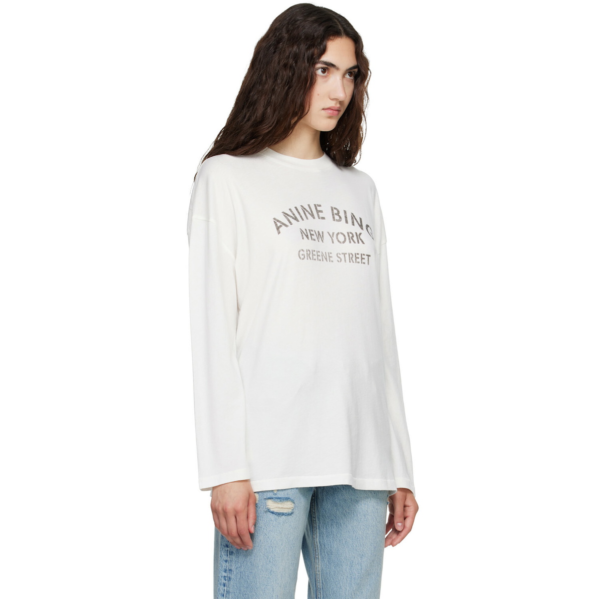 ANINE BING White Ivan Long Sleeve 'New York' Stencil T-shirt