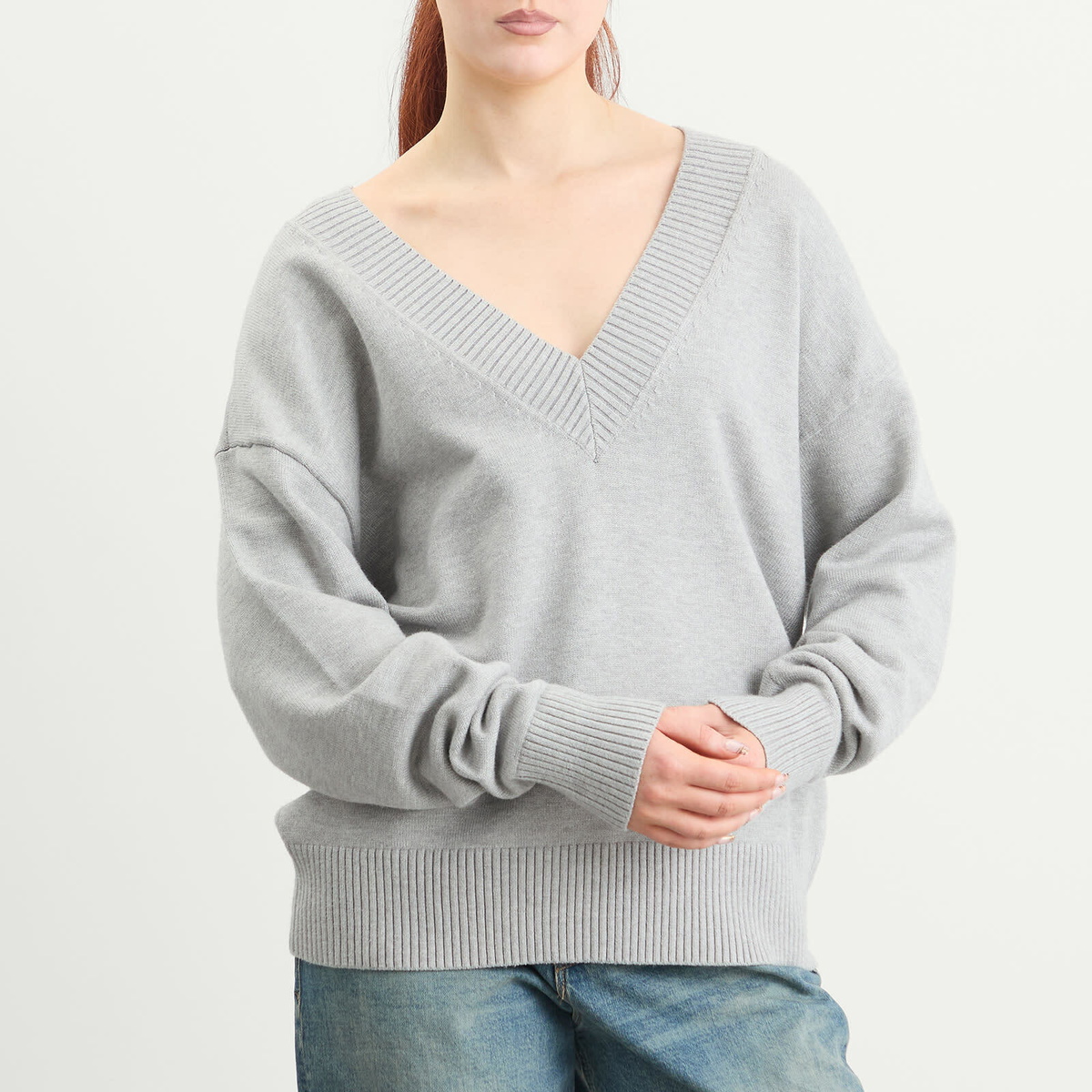 Good American Women's Knit Deep V Knit Sweater in Melange Grey