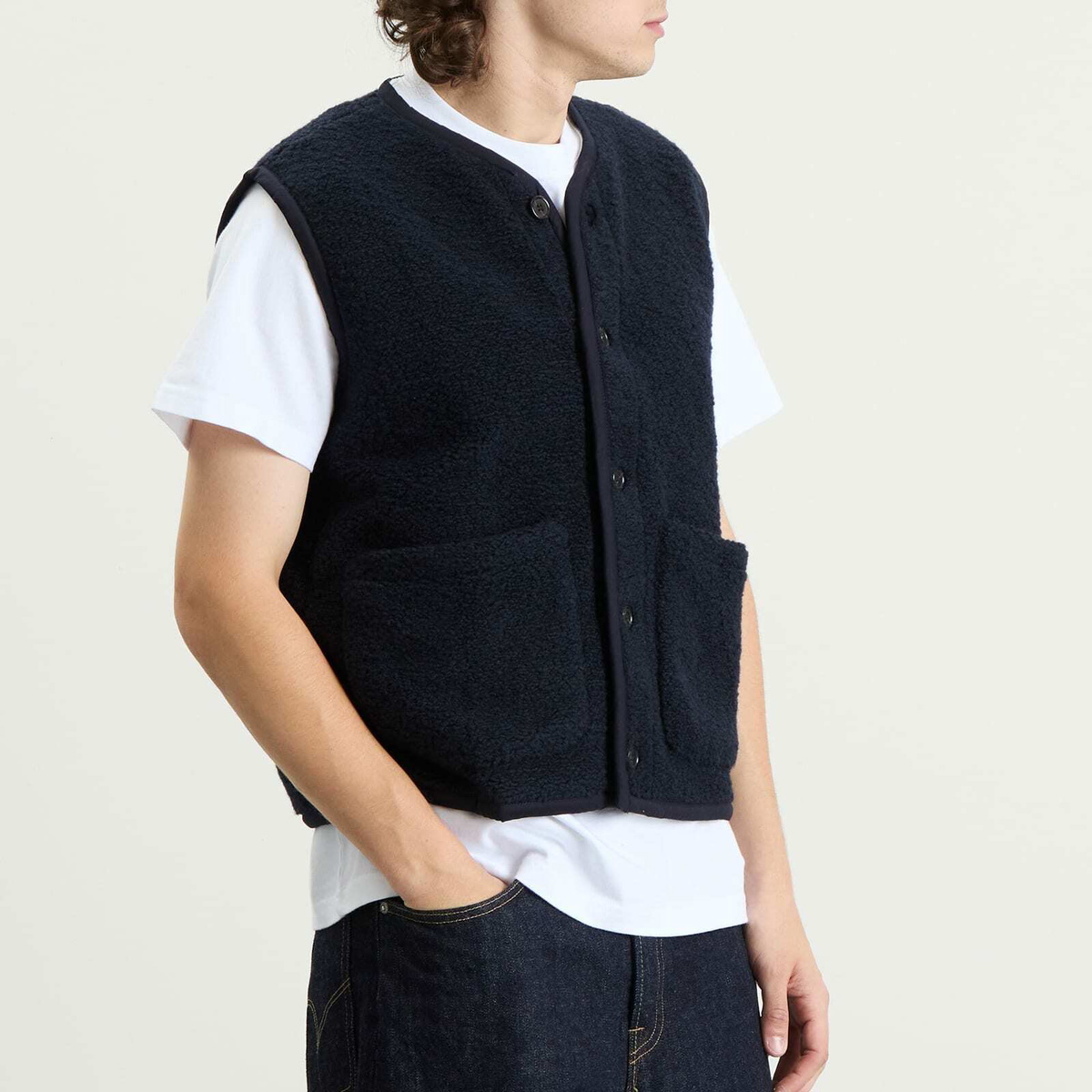 Universal Works Men's Alvar Fleece Lancaster Gilet in Navy