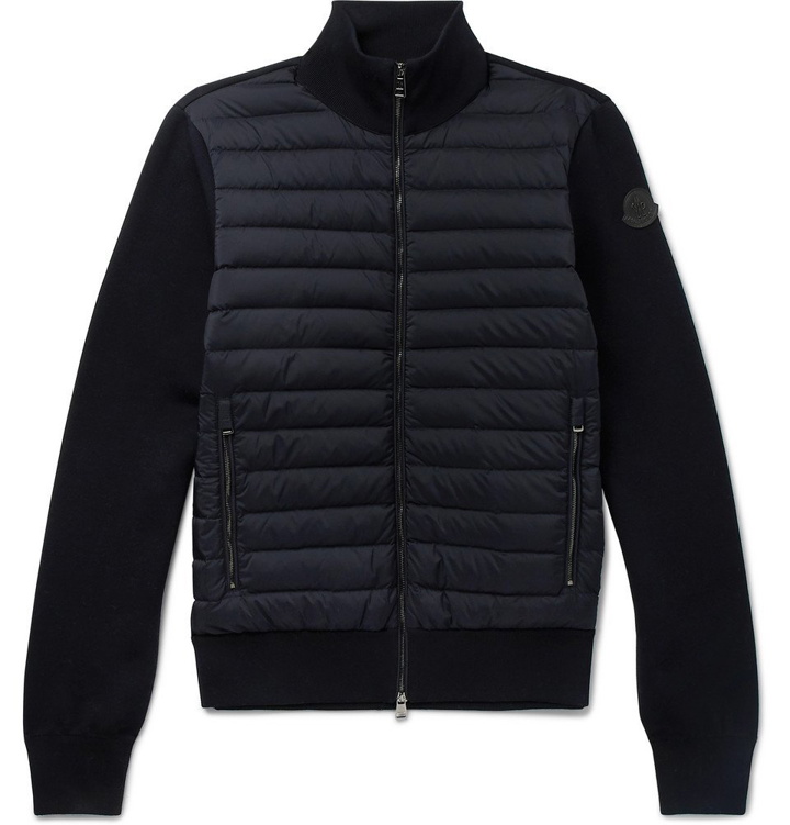 Photo: Moncler - Slim-Fit Cotton-Blend and Quilted Shell Down Zip-Up Sweater - Navy