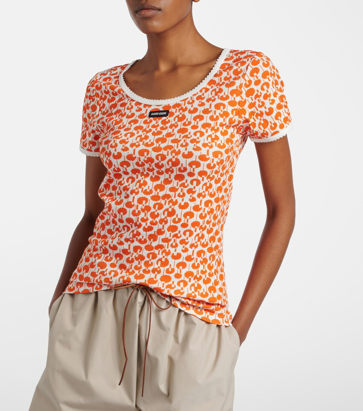 Miu Miu Lace-trimmed printed cotton T-shirt