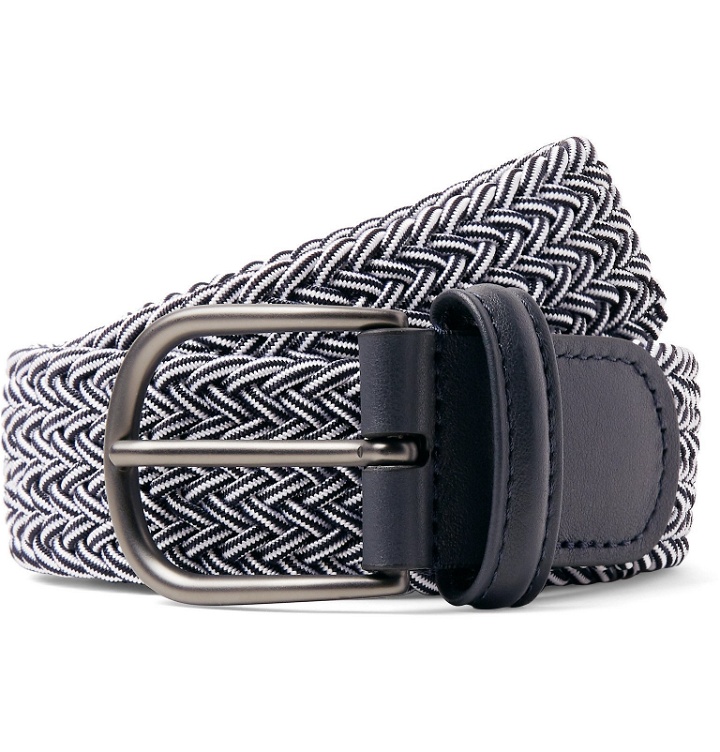 Photo: Anderson's - 3.5cm Midnight-Blue Leather-Trimmed Woven Elastic Belt - Blue