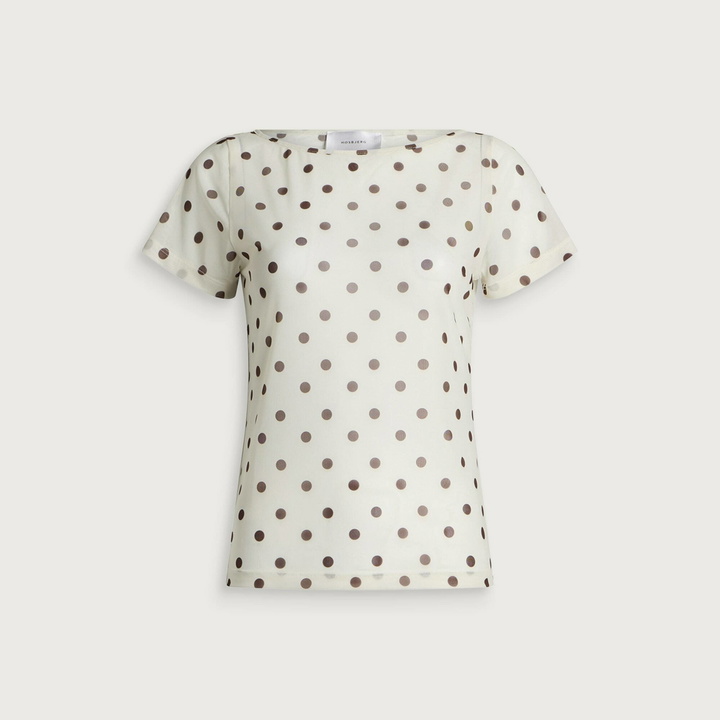 Photo: Hosbjerg Women's Betty Short Sleeve Mesh Top Presented by END. in Off- White/Brown dots