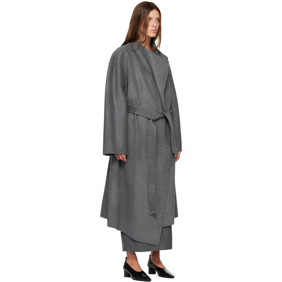 R2W Gray Porin Draped Button Wool Cash Coat