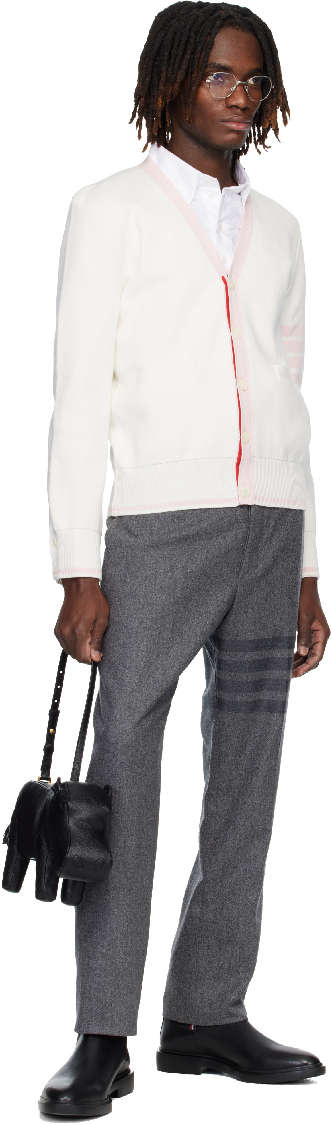 Thom Browne White Cotton 4-Bar Milano Classic V-Neck Cardigan
