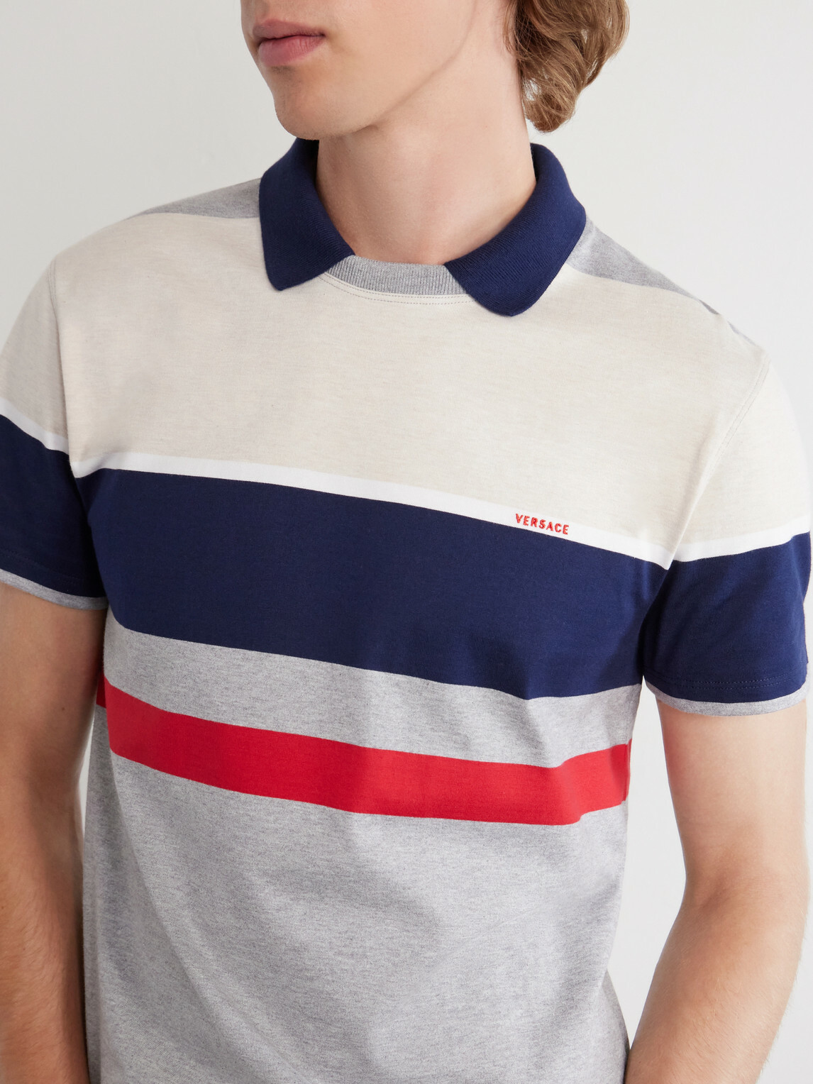 Versace - Logo-Embroidered Striped Cotton-Jersey Polo Shirt - White