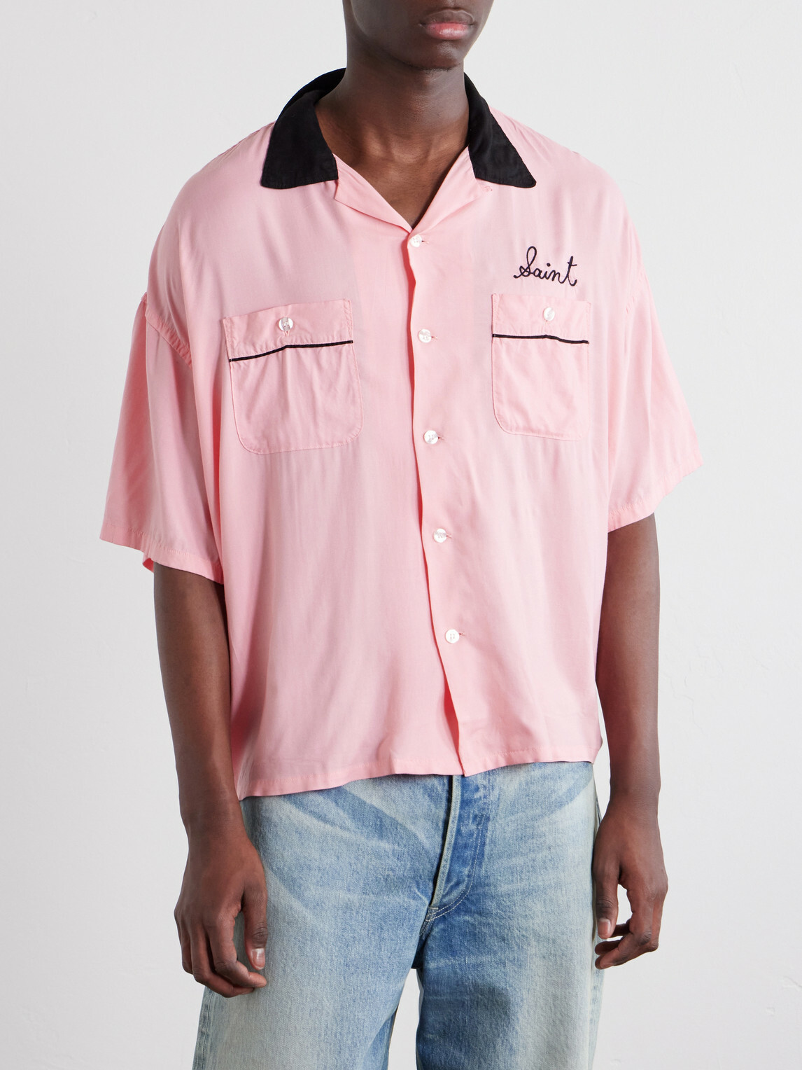 SAINT MXXXXXX - Deck of Cards Convertible-Collar Logo-Embroidered Satin Shirt - Pink