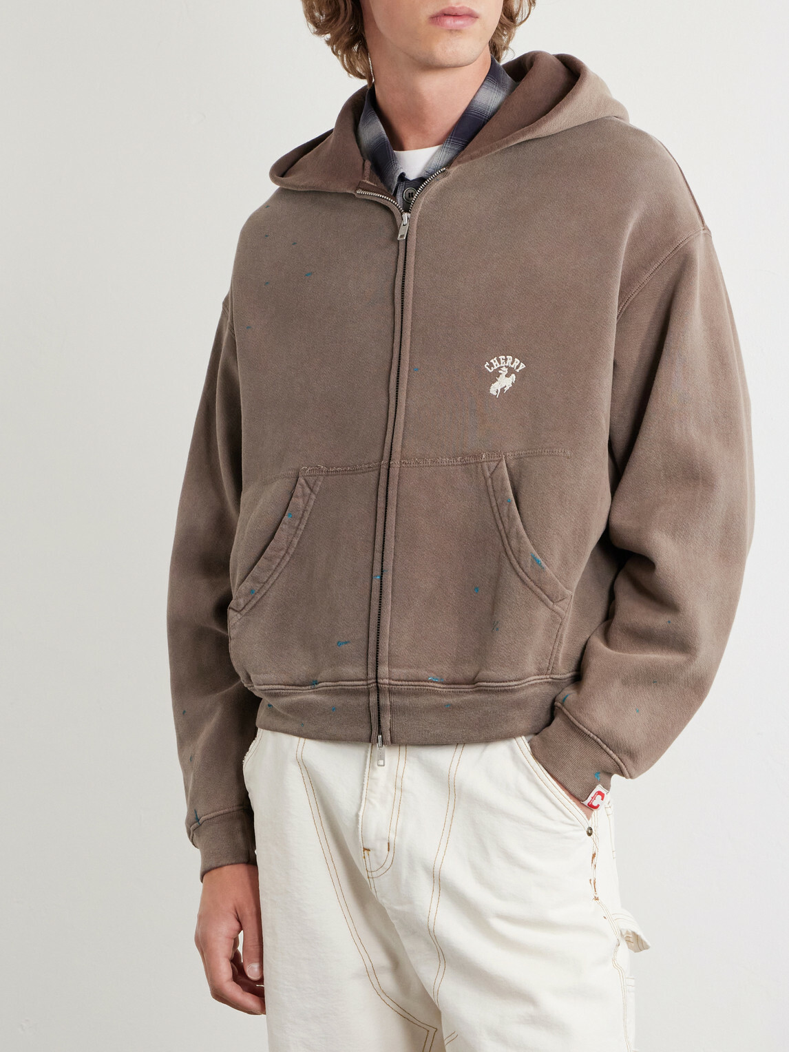 Cherry Los Angeles - Logo-Embroidered Paint-Splattered Cotton-Jersey Hoodie - Brown