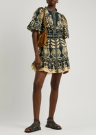 Farm Rio Anika Printed Belted Cotton-blend Mini Shirt Dress Dark Blue