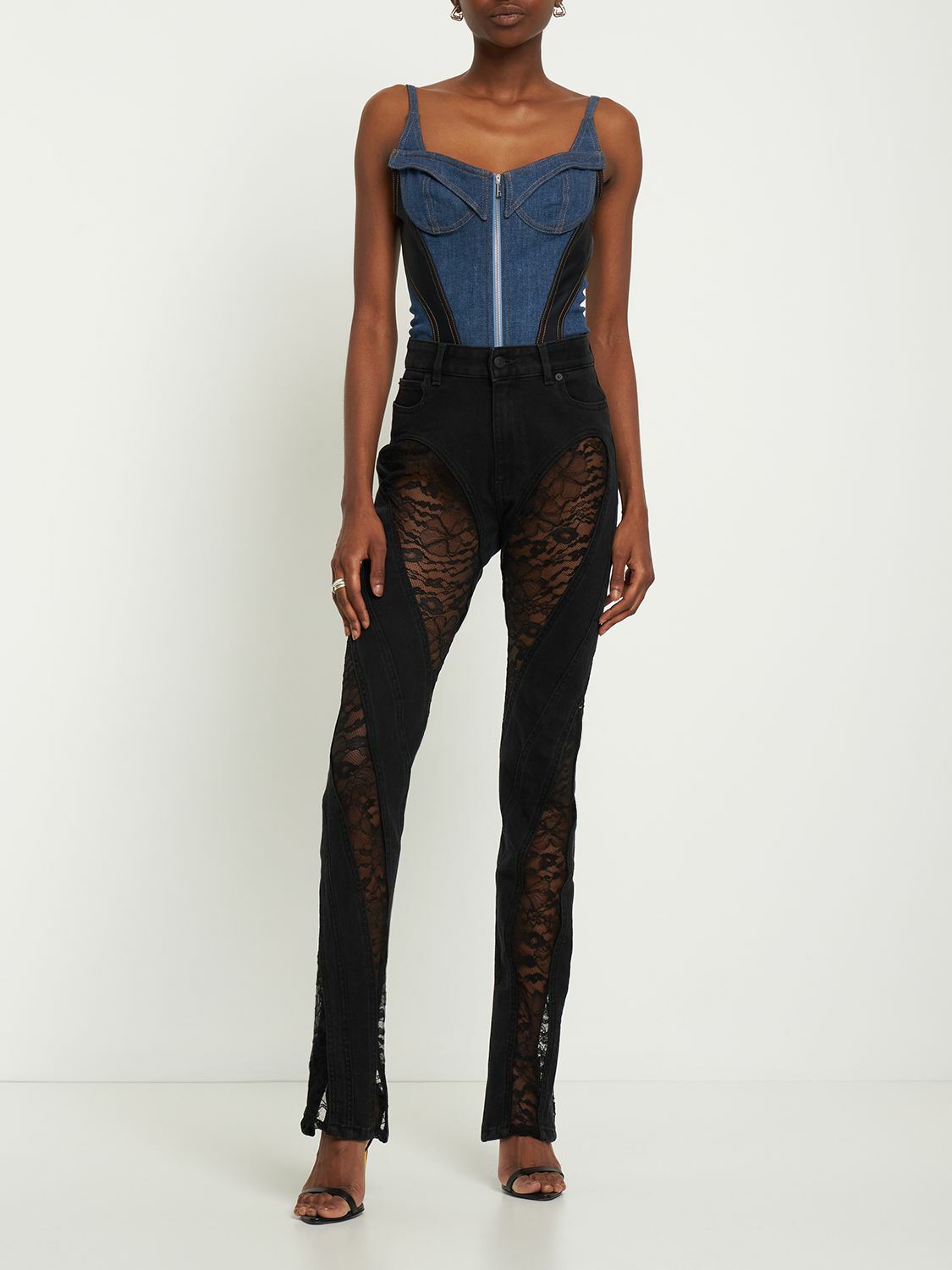 MUGLER - Two-tone Denim Front Zip Corset Bodysuit Mugler