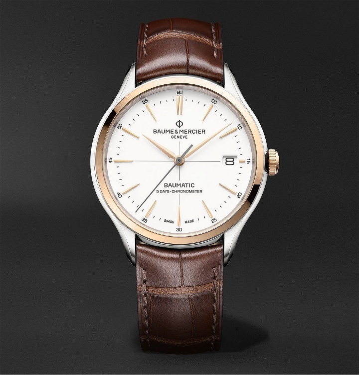 Photo: Baume & Mercier - Clifton Baumatic Automatic Chronometer 40mm 18-Karat Rose Gold, Stainless Steel and Alligator Watch, Ref. No. M0A10519 - White