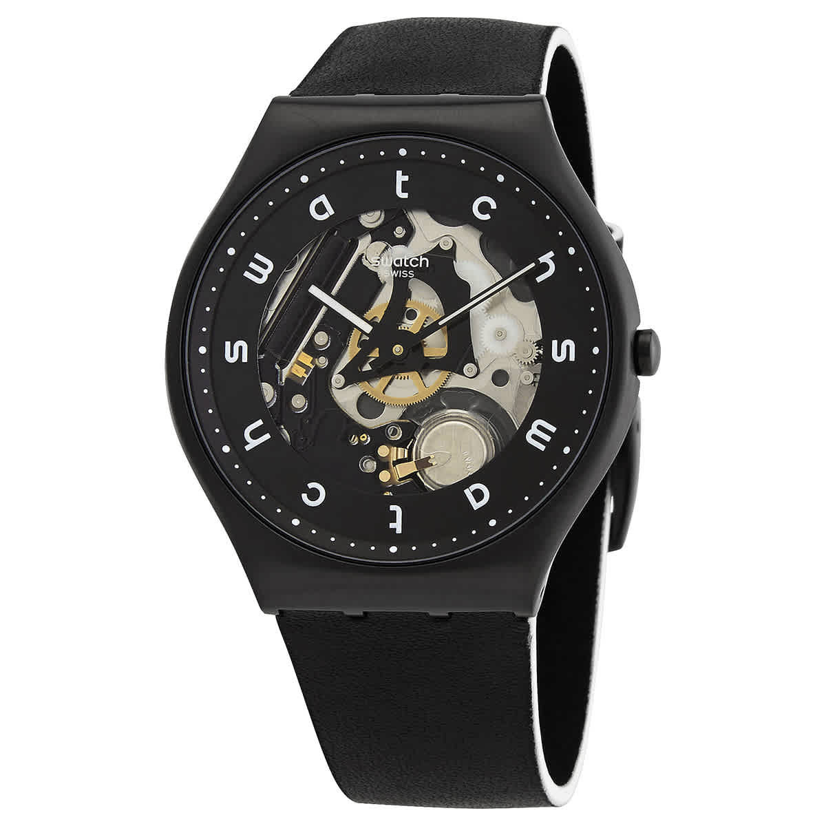 Swatch White Side Quartz Black Skeleton Dial Mens Watch SS07B101