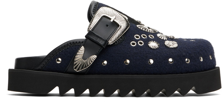 Photo: Toga Virilis SSENSE Exclusive Black & Navy Eyelet Metal Sabot Loafers
