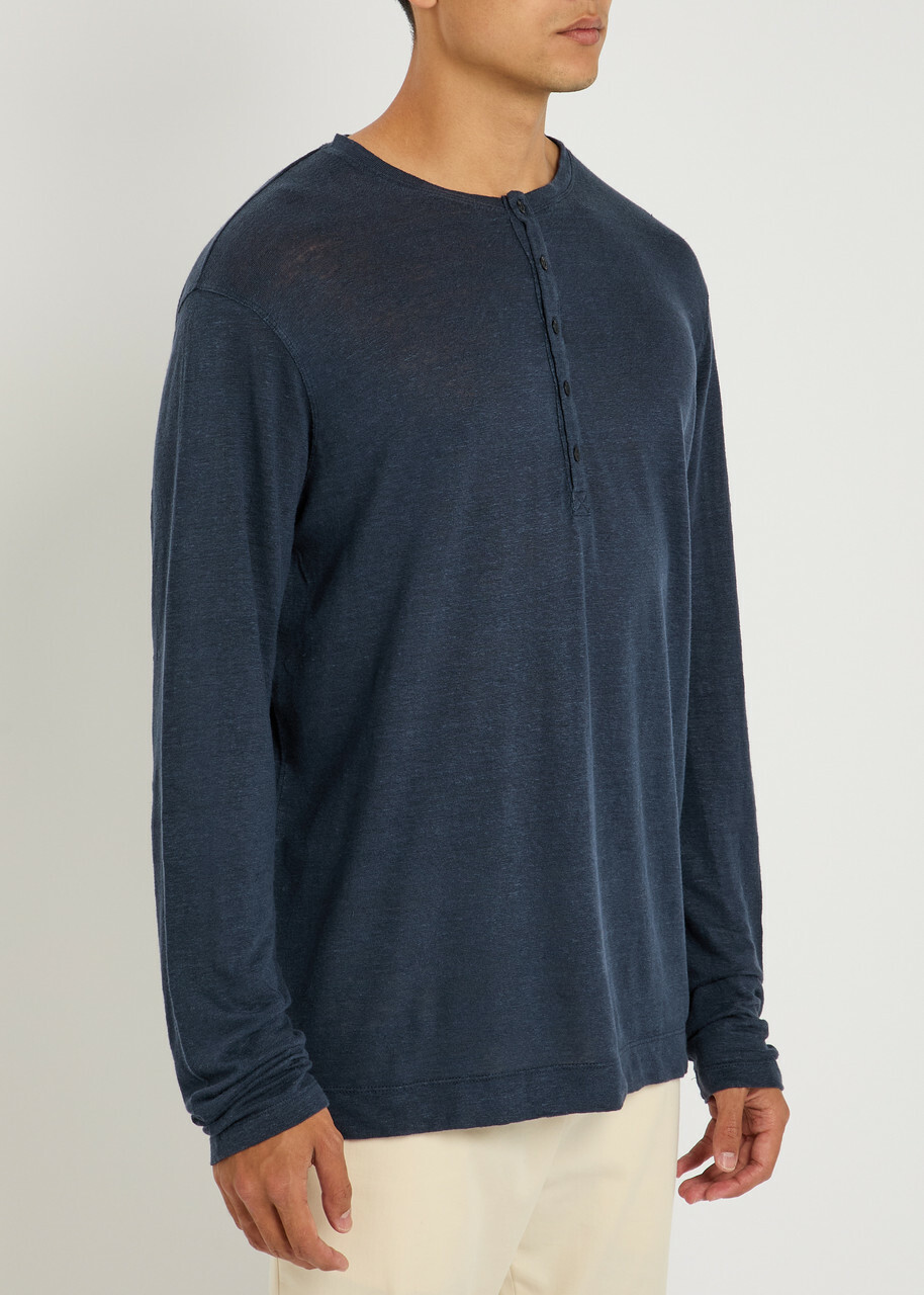 Gusari Long Sleeve Henley Linen T-shirt Navy