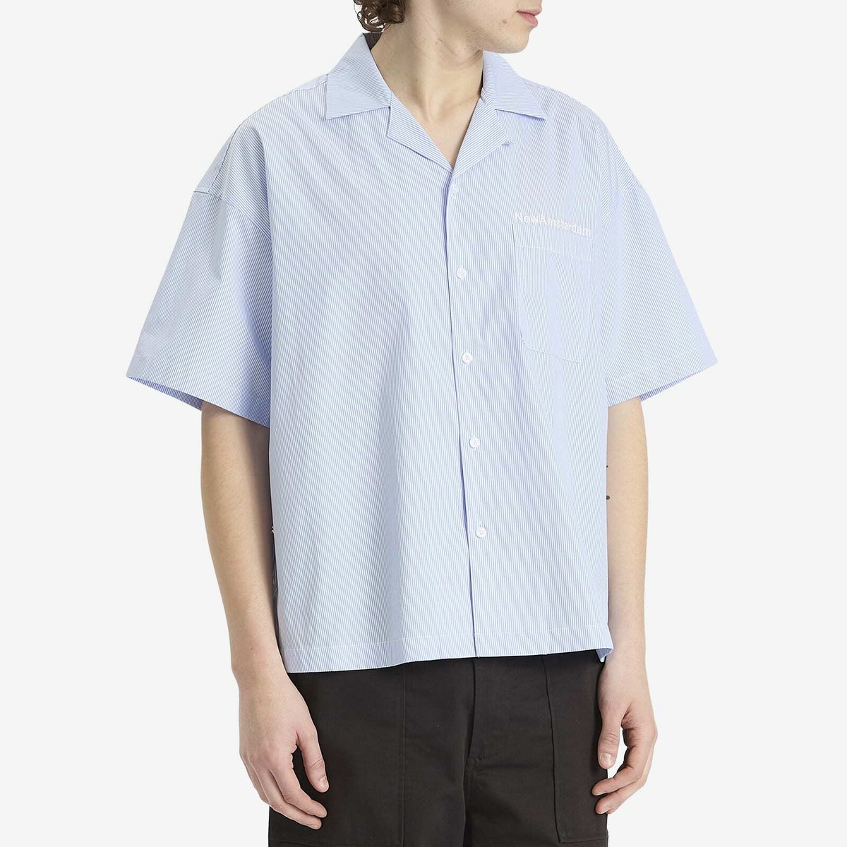 New Amsterdam Surf Association Men's WIJK Stripe Logo Shirt in White/Blue Stipres