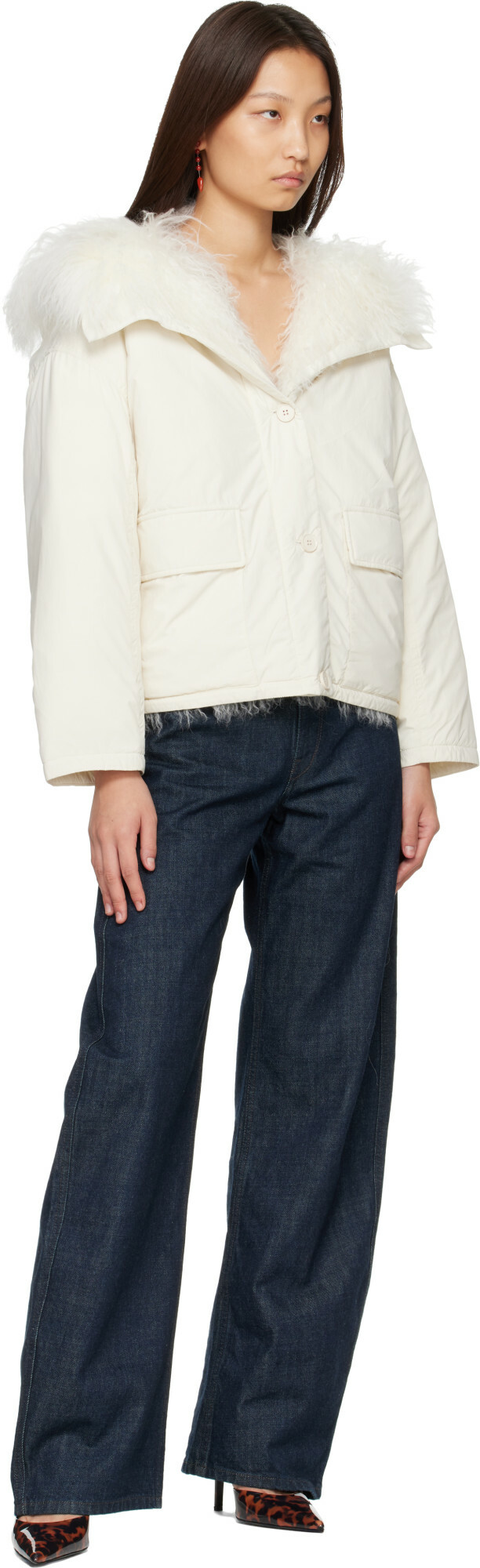 Yves Salomon White Curly Lamb Short Ultra-Light Down Jacket