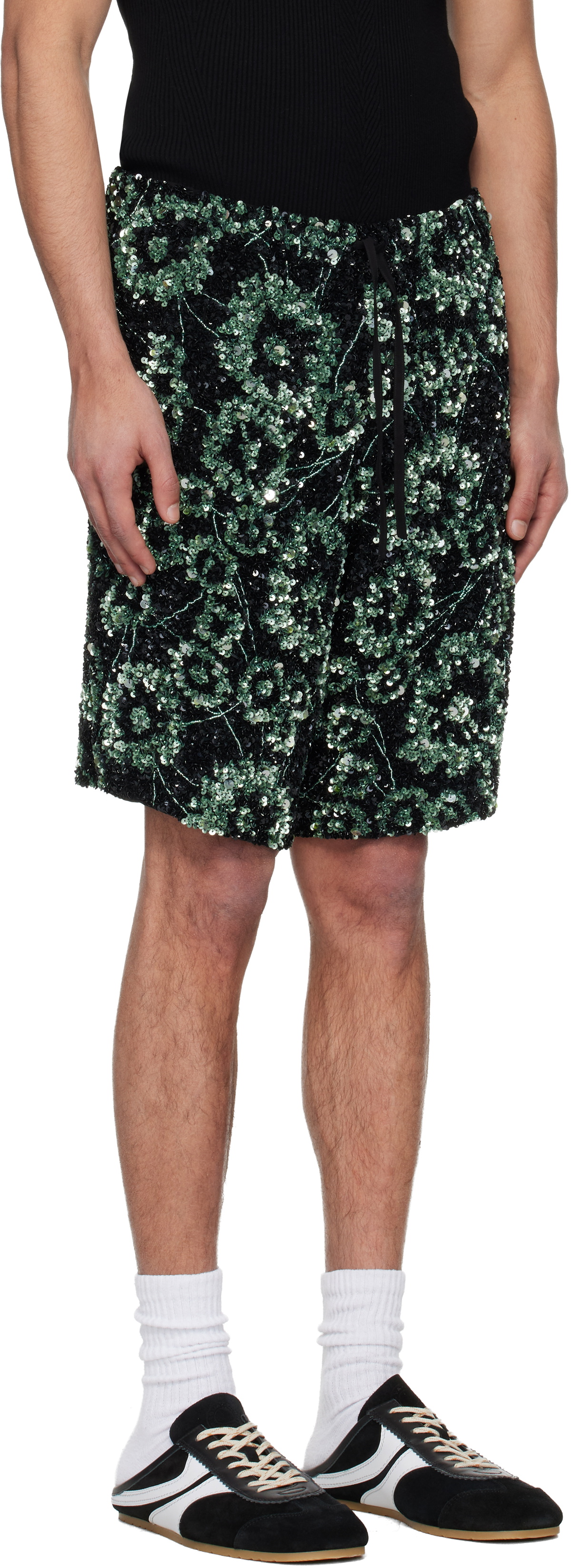 Dries Van Noten Black & Green Embroidered Shorts