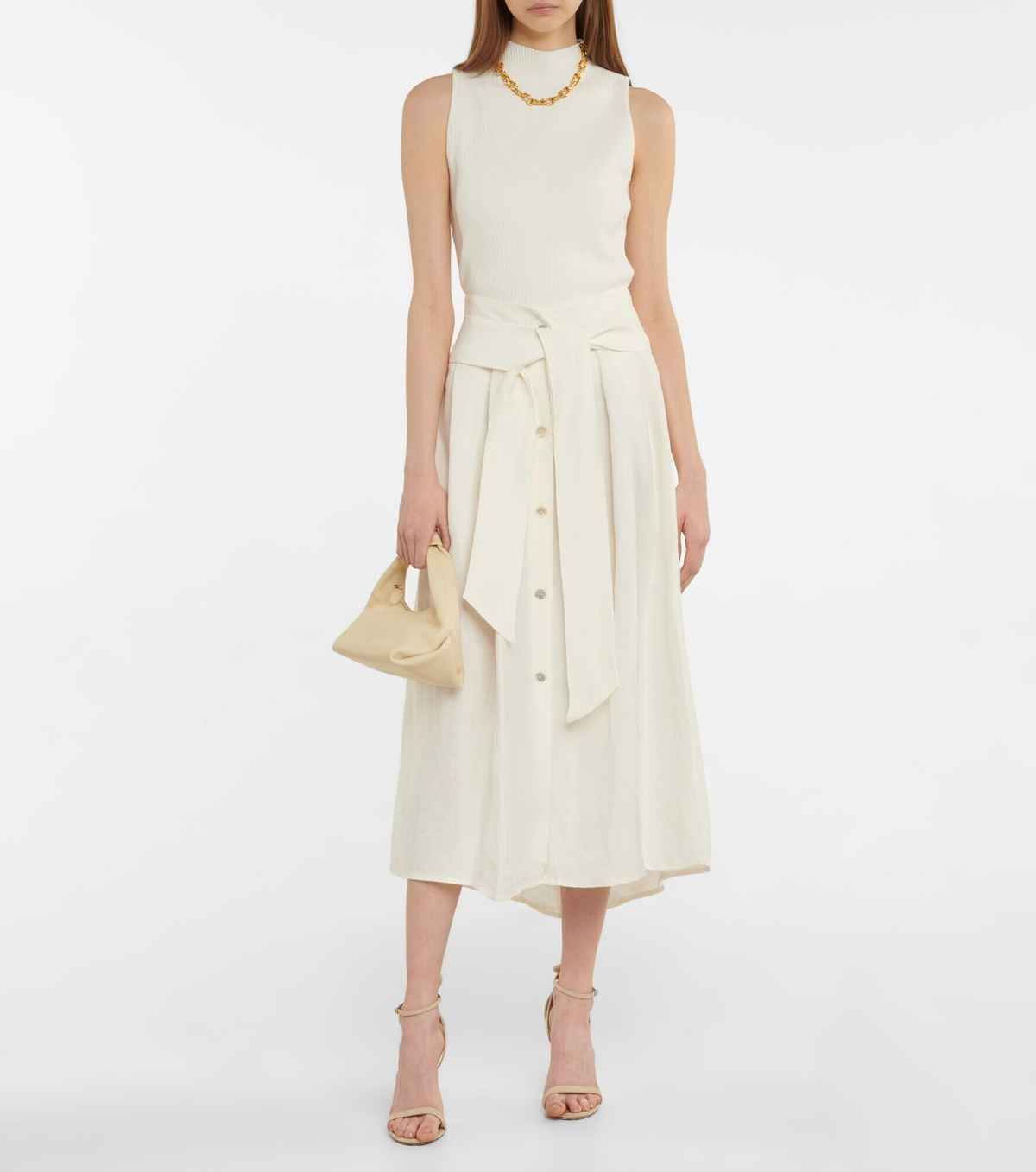 Vince - Belted linen-blend midi skirt