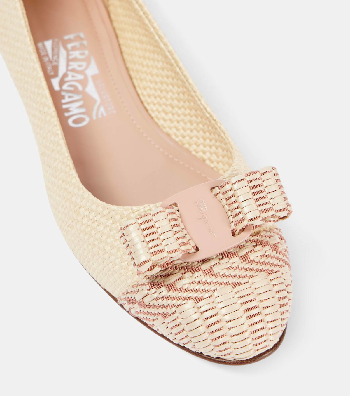 Salvatore Ferragamo VARINA SUN FLATS Lamb leather, cotton and linen Vara Metal Flats pumps Ballet shoes Brown off-white 6D