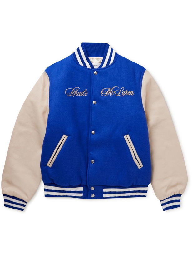 Photo: Rhude - McLaren Logo-Embroidered Wool-Twill and Leather Bomber Jacket - Blue