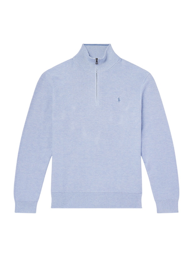 Photo: Polo Ralph Lauren - Logo-Embroidered Mesh-Knit Cotton Half-Zip Sweater - Blue