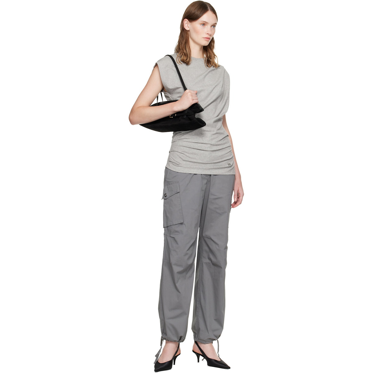 GANNI Gray Draped Jersey T-shirt