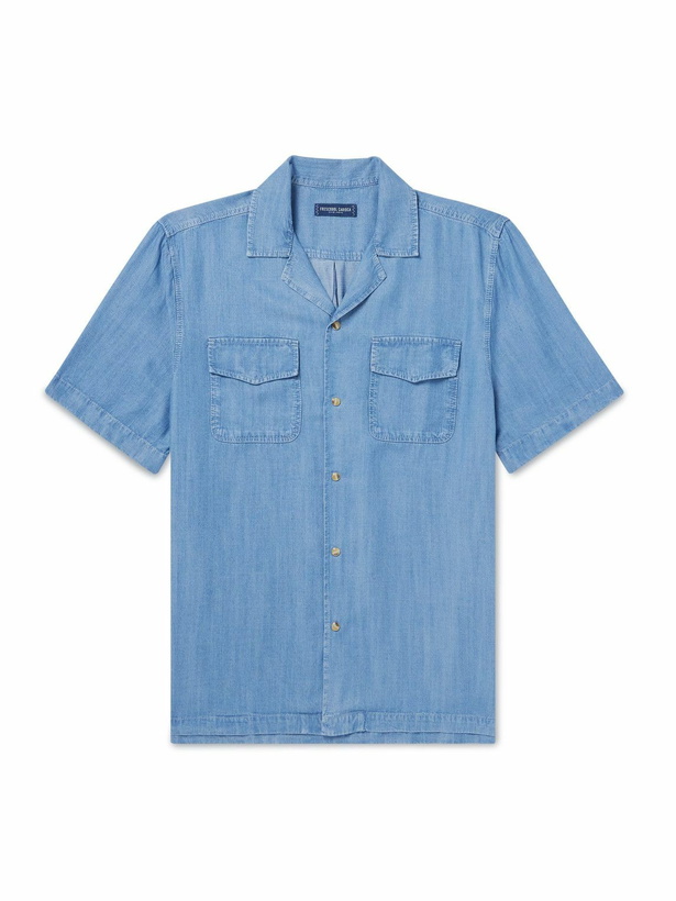 Photo: Frescobol Carioca - Franca Camp-Collar Denim Shirt - Blue