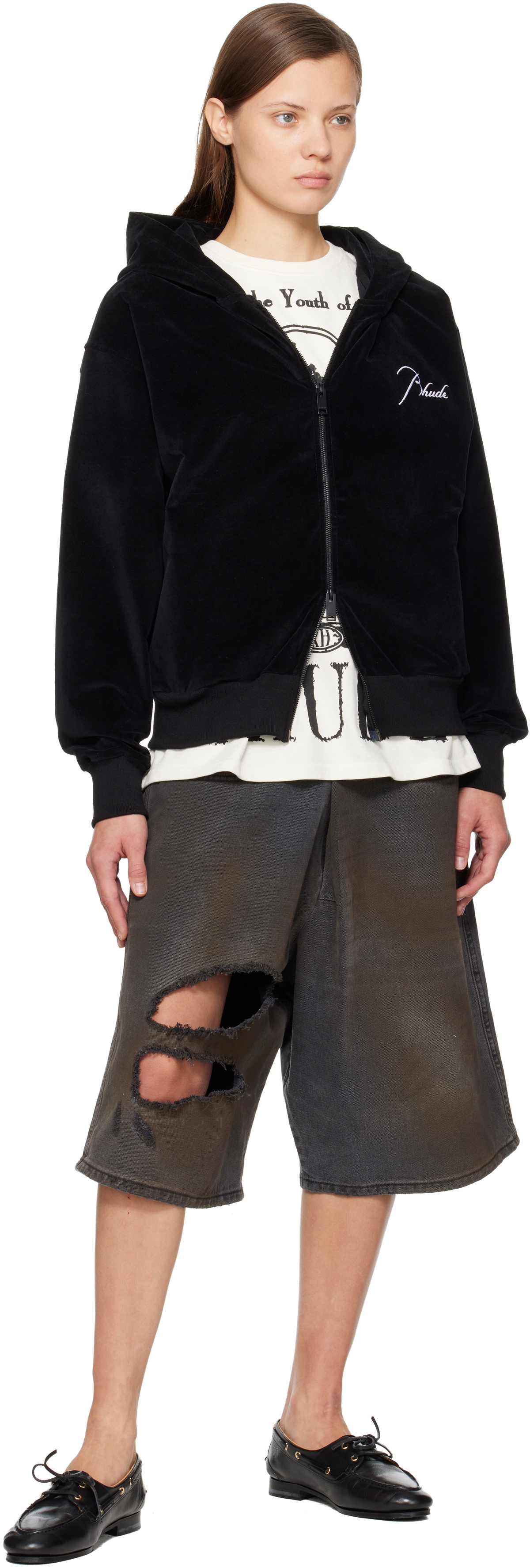 Rhude Black Velour Classique Zip-Up Hoodie