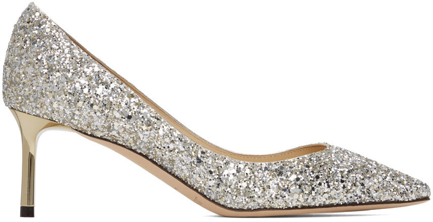 Jimmy Choo Silver Coarse Glitter Romy 60 Heels Jimmy Choo