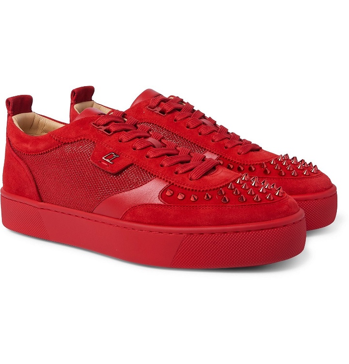 Photo: Christian Louboutin - Happyrui Spiked Suede-Trimmed Glittered-Mesh Sneakers - Red