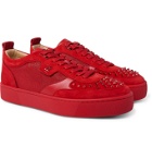 Christian Louboutin - Happyrui Spiked Suede-Trimmed Glittered-Mesh Sneakers - Red