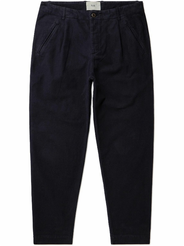 Photo: Folk - Assembly Tapered Pleated Cotton-Moleskin Trousers - Blue