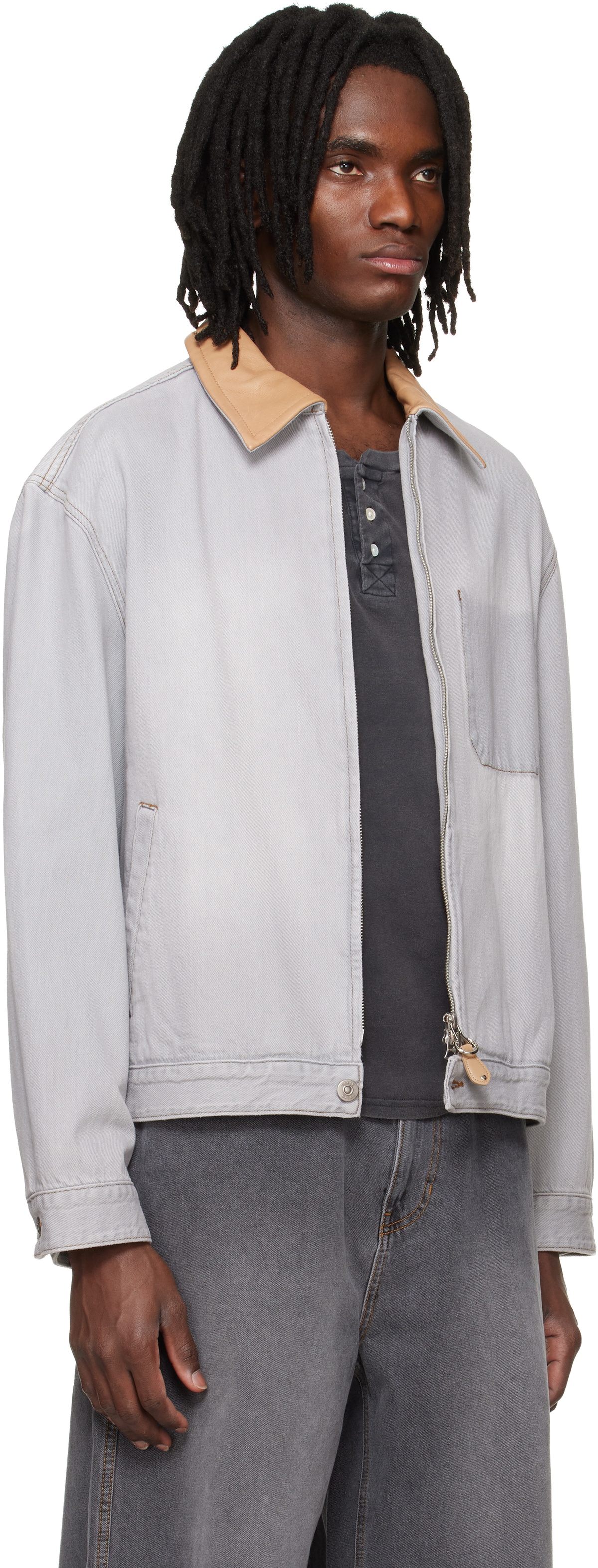 Solid Homme Gray Leather Collared Denim Trucker Jacket