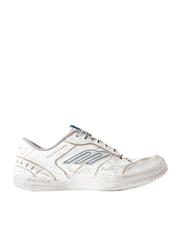 Photo: Balenciaga - Hamptons Logo-Appliquéd Distressed Leather Sneakers - White