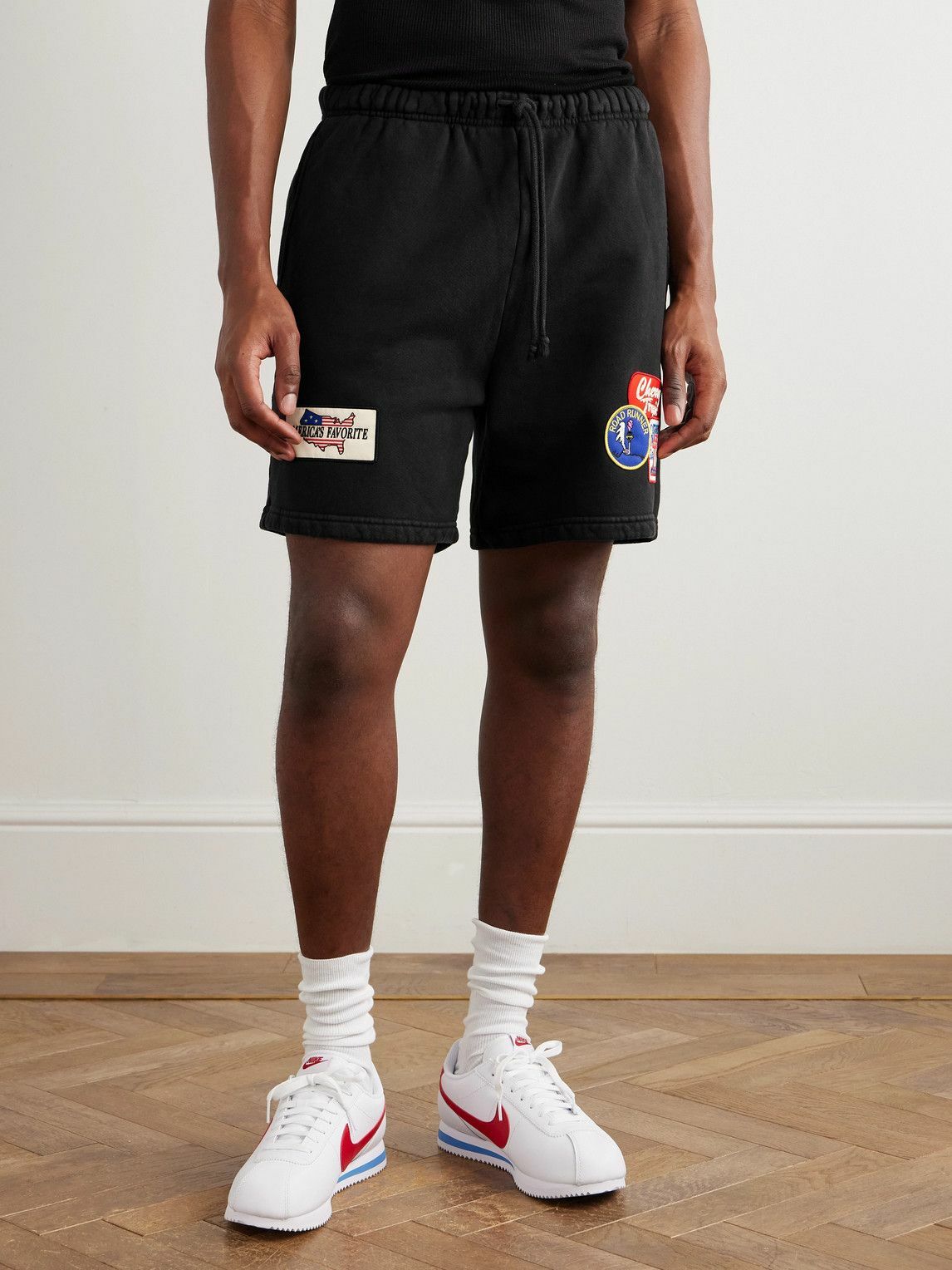 Cherry Los Angeles - Straight-Leg Appliquéd Cotton-Jersey Drawstring Shorts - Black