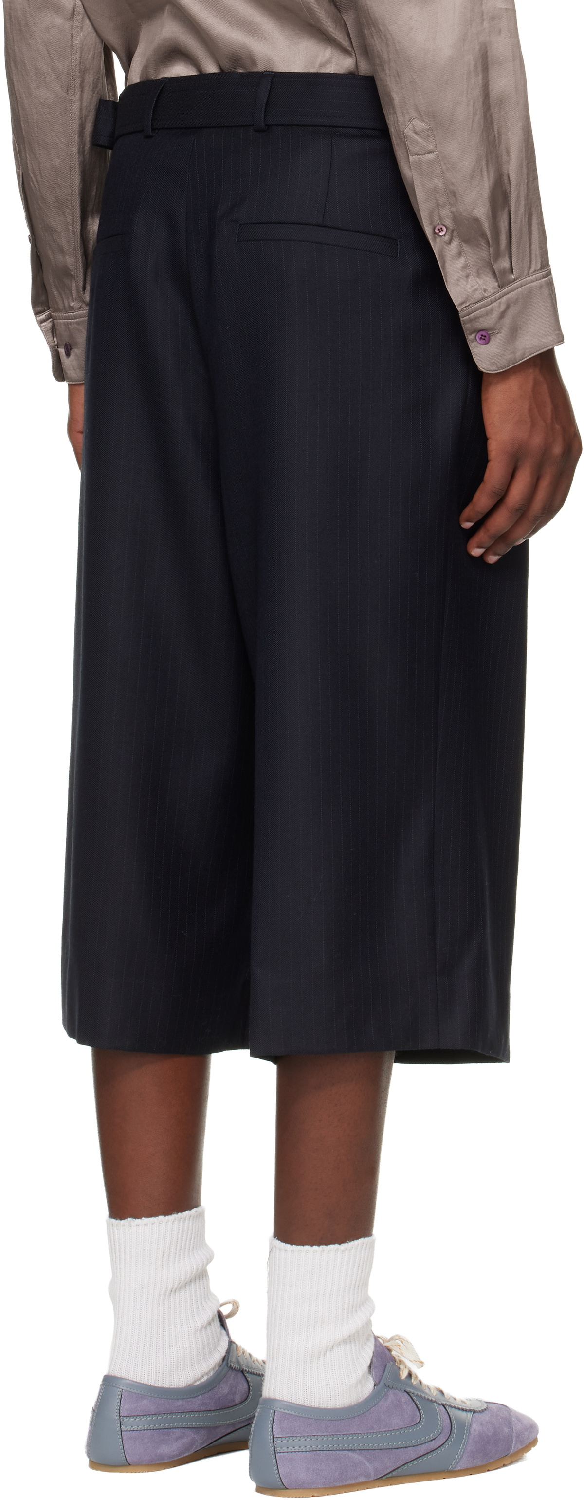 Dries Van Noten Navy Belted Light Wool Shorts