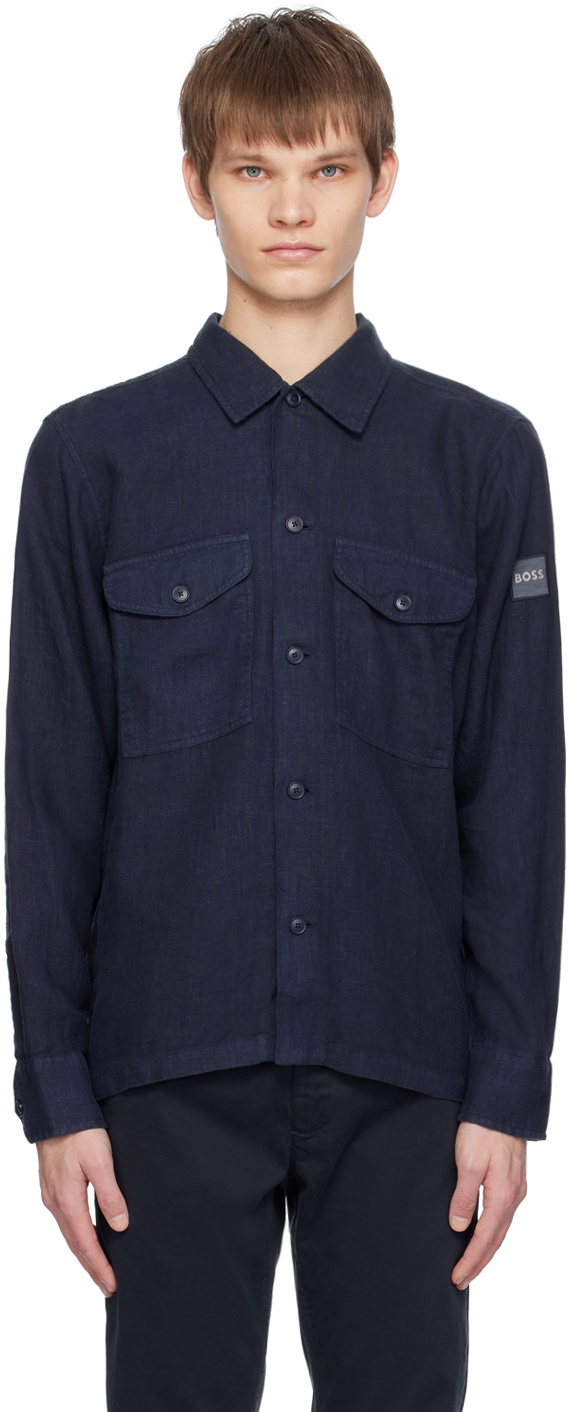 BOSS Navy Spread Collar Shirt BOSS