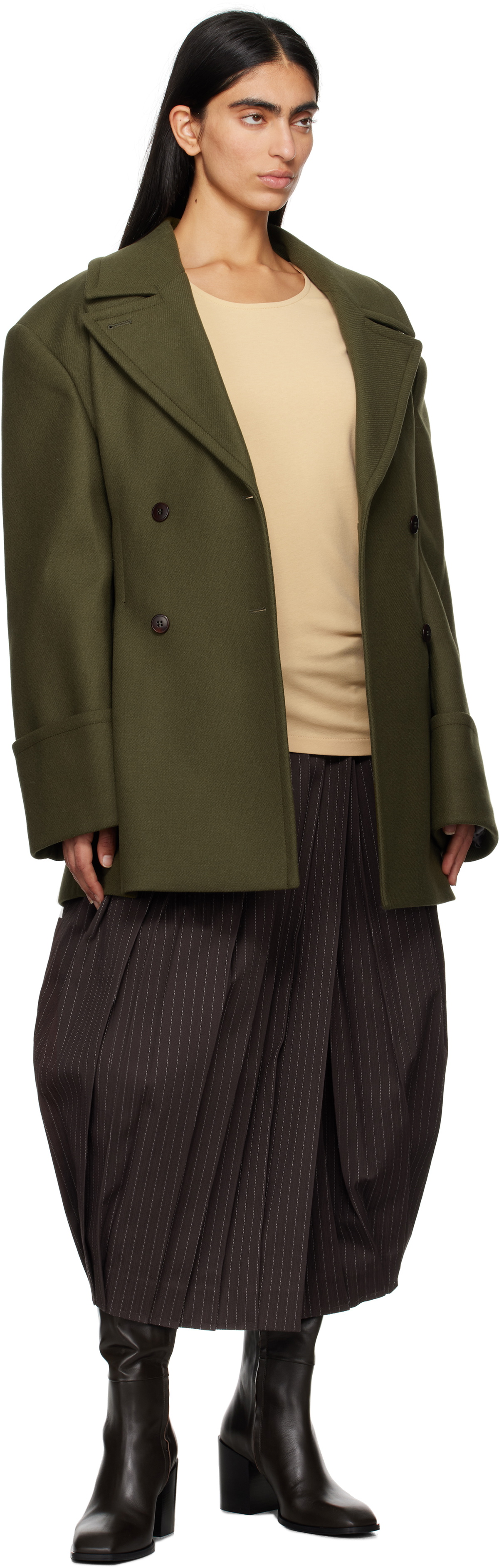 REMAIN Birger Christensen Green Pleats Peacoat