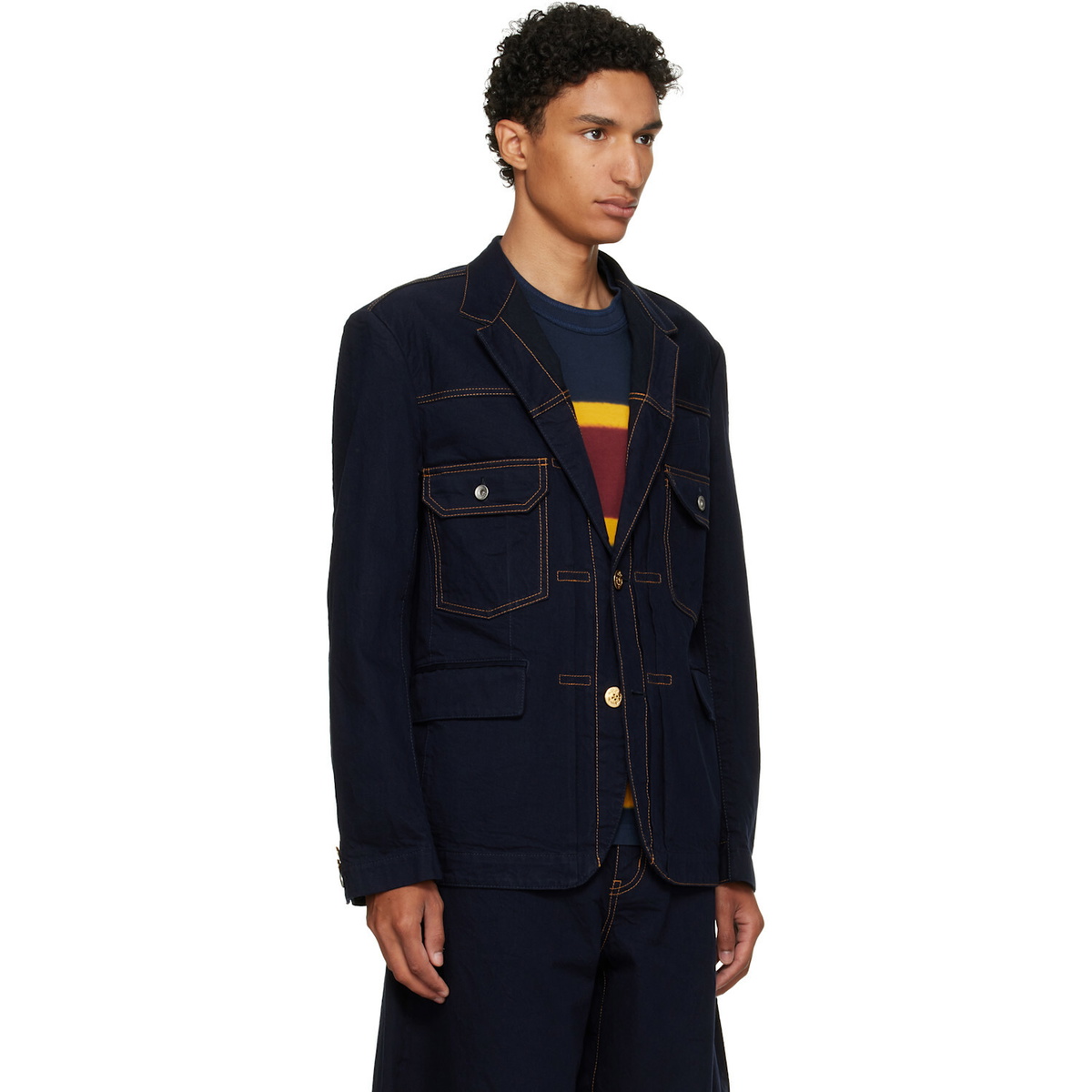 sacai Navy Notched Lapel Denim Blazer