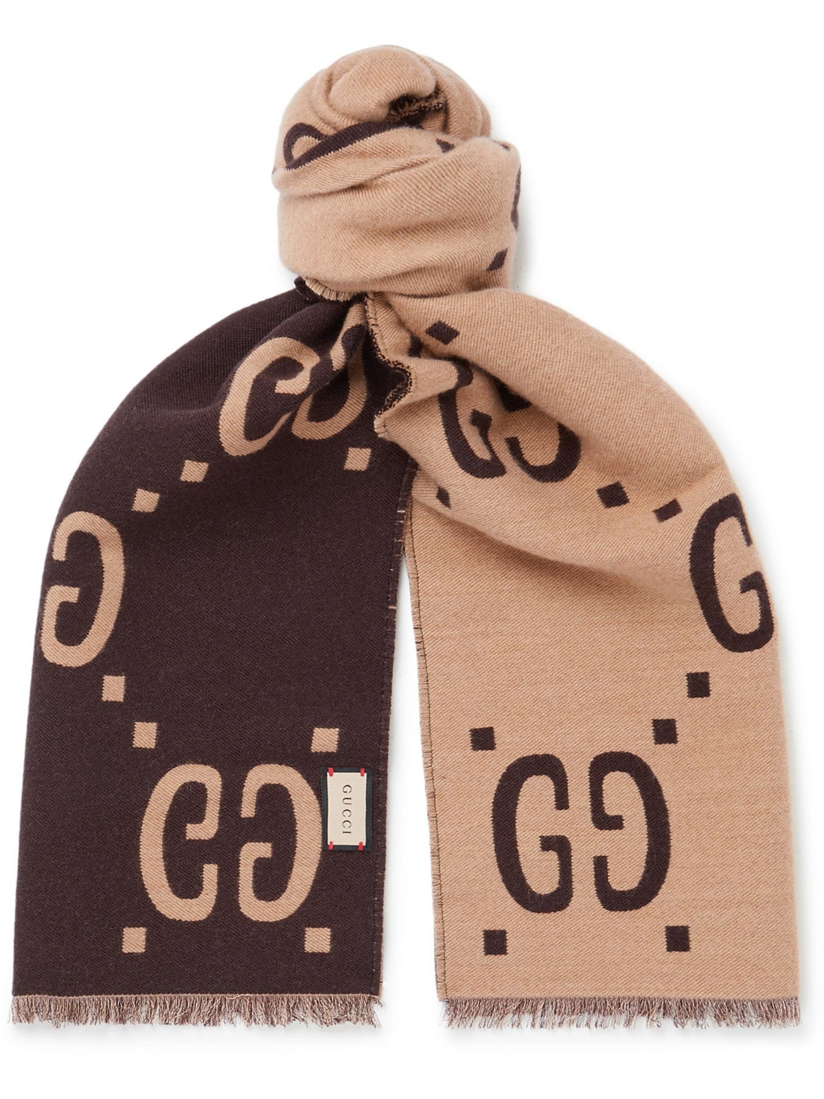 GG jacquard knit scarf with tassels in navy and brown