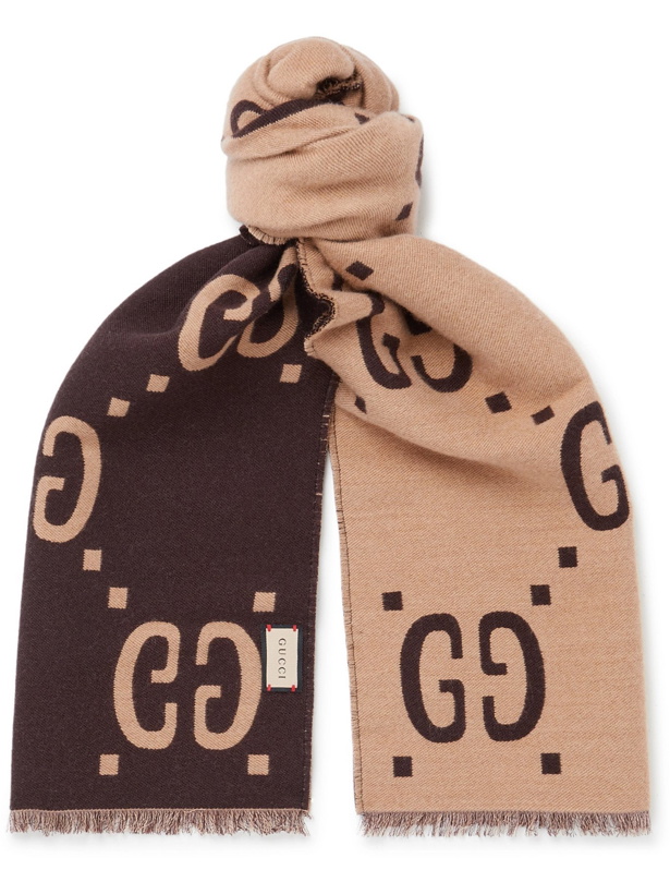 Photo: GUCCI - Fringed Logo-Jacquard Brushed Wool and Silk-Blend Scarf - Neutrals