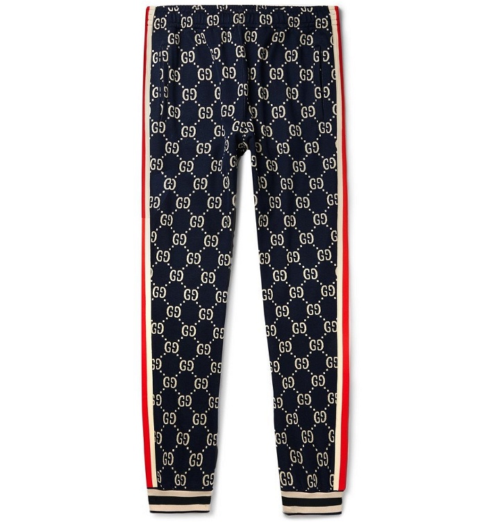 Photo: Gucci - Tapered Striped Logo-Intarsia Cotton Track Pants - Navy