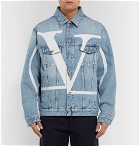 Valentino - Distressed Logo-Print Denim Jacket - Light blue