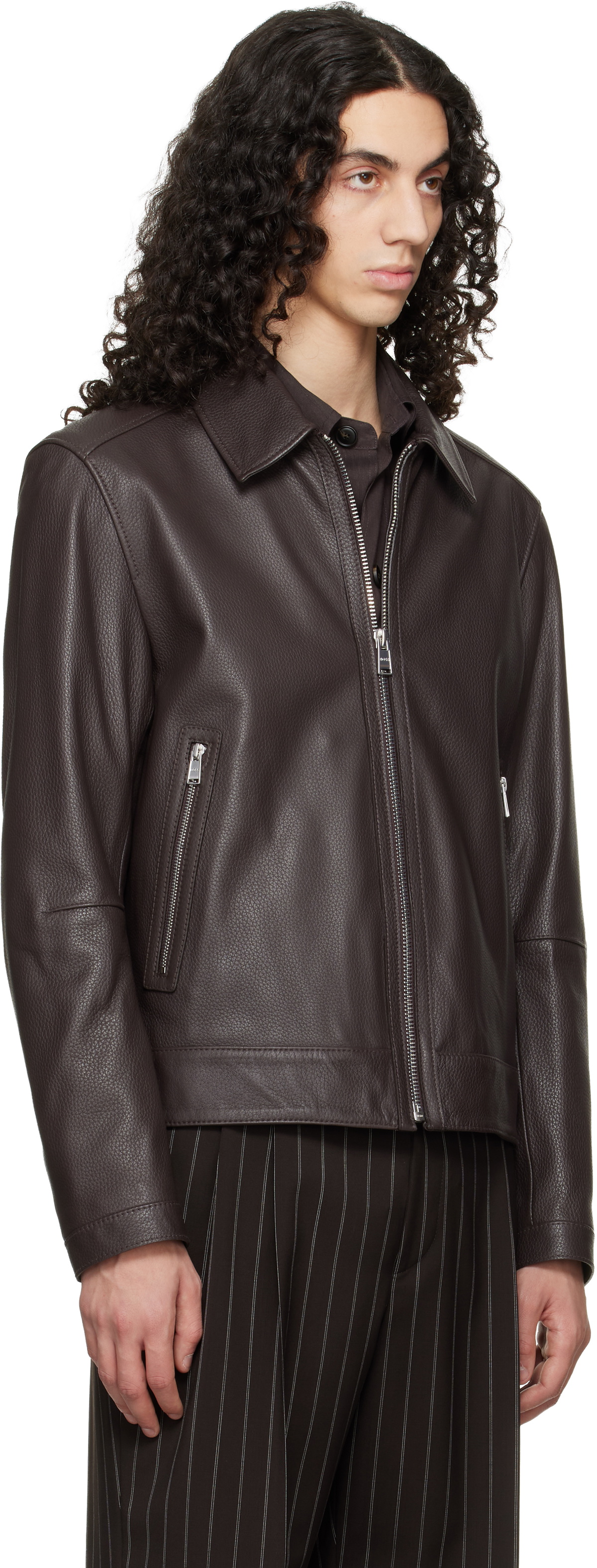 BOSS Brown Regular Fit Leather Jacket
