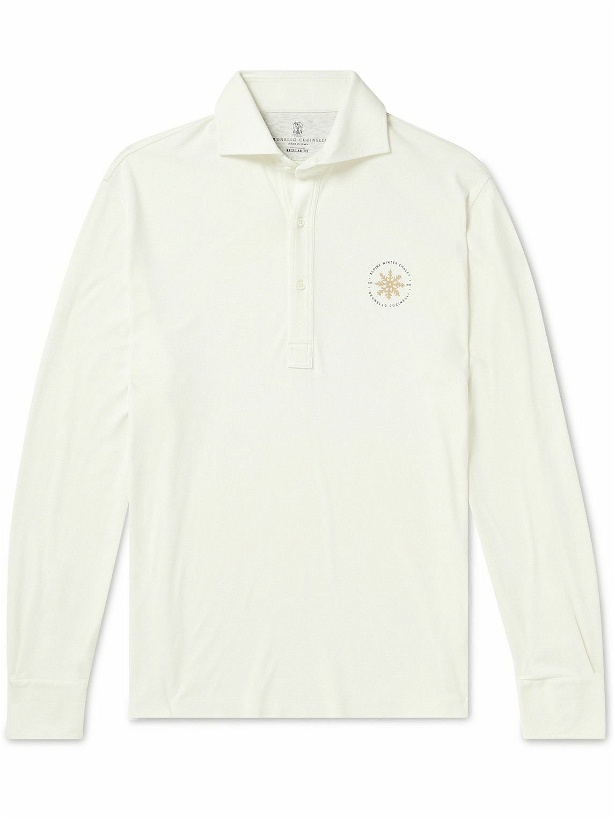 Photo: Brunello Cucinelli - Snowflake Logo-Print Cotton and Silk-Blend Polo Shirt - White