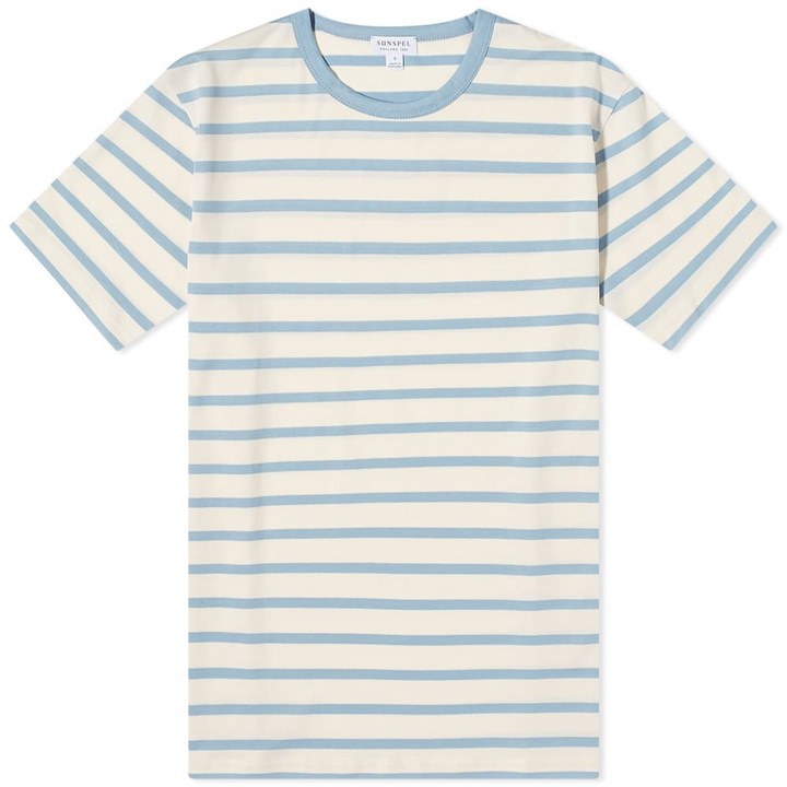 Photo: Sunspel Men's Breton Stripe T-Shirt in Ecru/Blue Mist Breton Stripe
